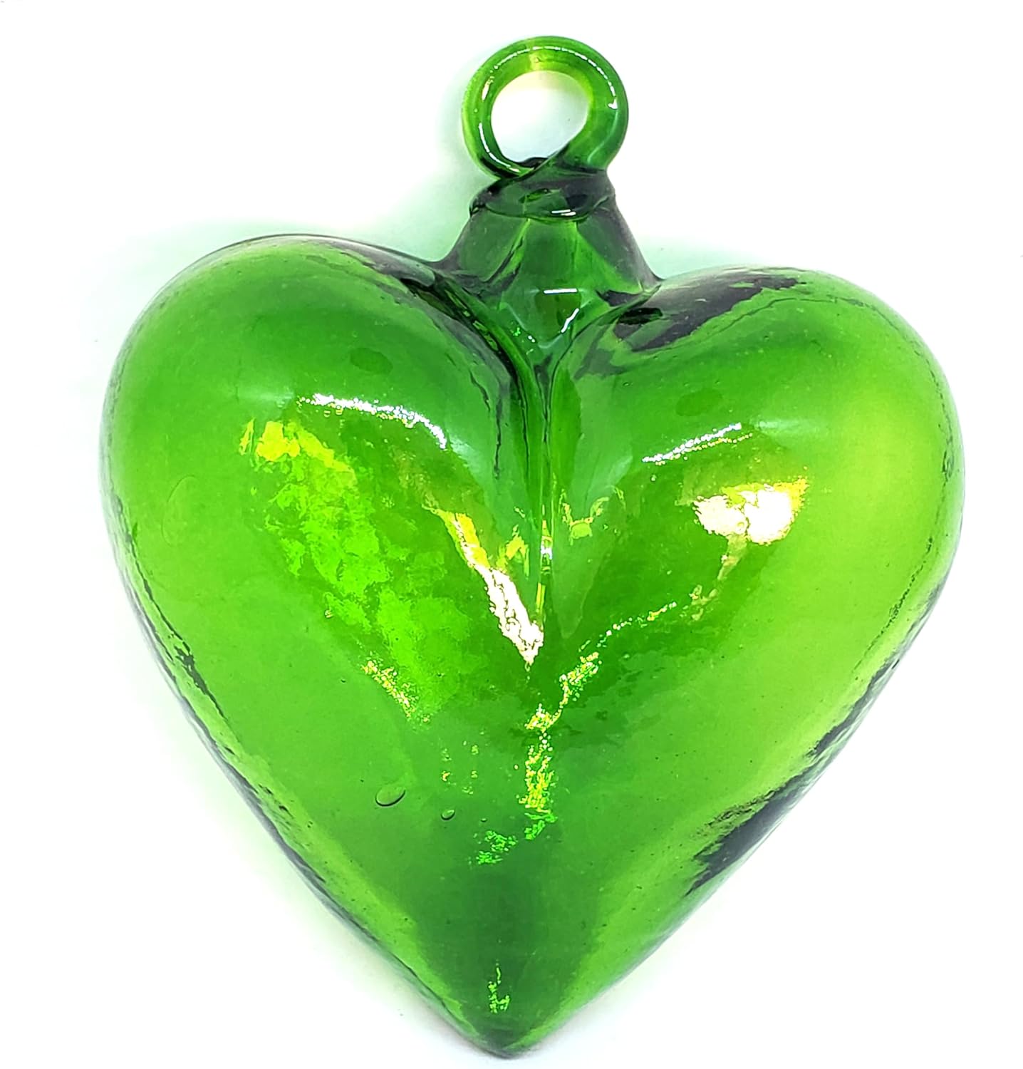 Green 5.1 inch Large Hanging Glass Hearts (Set of 6), Recycled Blown Glass Ornaments (LGE Green Hearts)