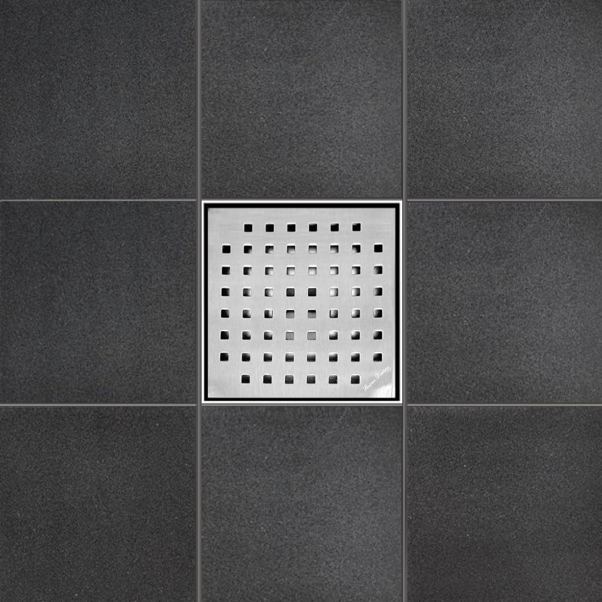 SereneDrains 304 Stainless Steel 6 Inch Brushed Nickel Square Shower Drain Kit for Tile Floor Drain Grate Cover Hair Catcher Trap Strainer Filter (Brushed Nickel, Traditional Square Design)