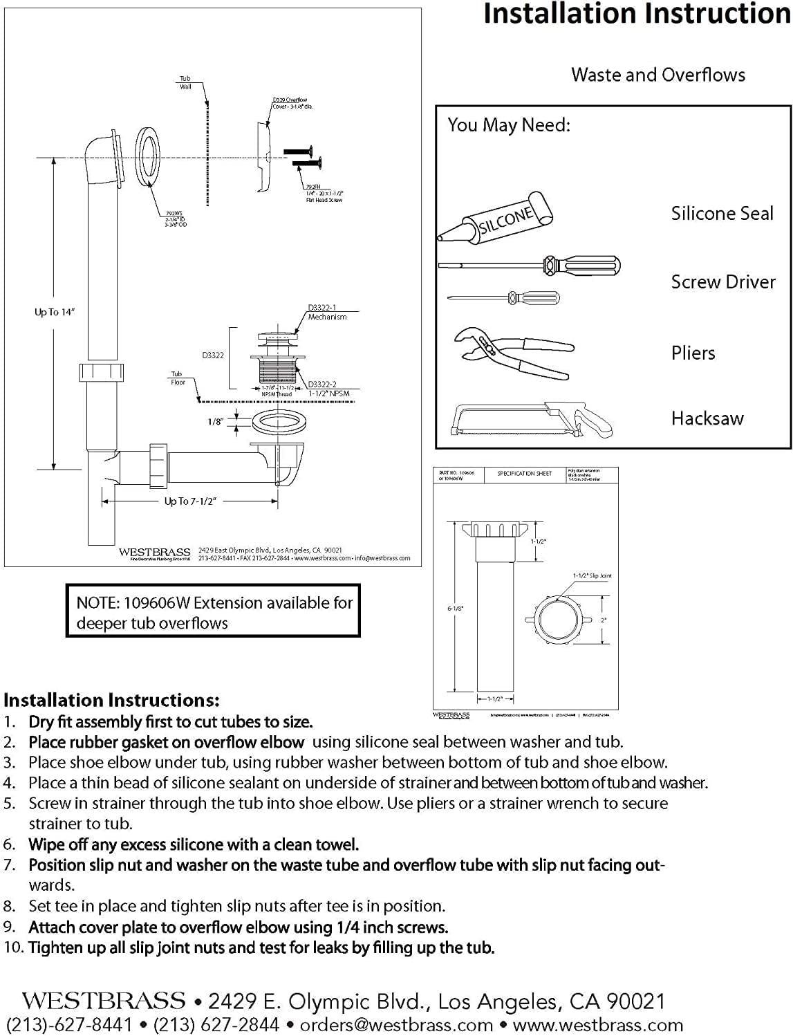 Westbrass A593244-07 14' x 1-1/2' White Tubular Bathtub Waste & Overflow Assembly with Tip-Toe Drain Plug and 2-Hole Faceplate, Satin Nickel (Pack of 12)