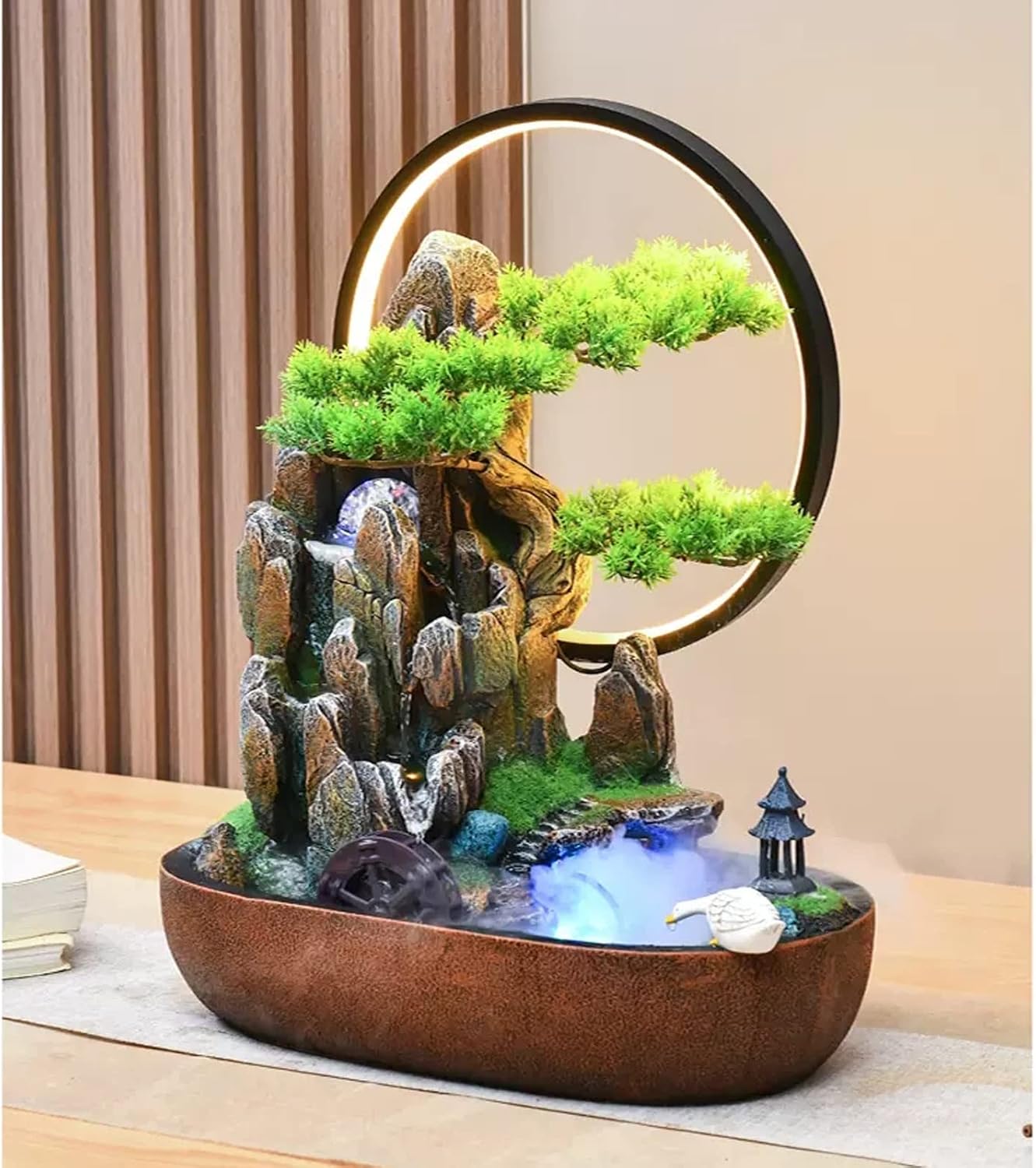 HIHELO Desktop Fountain Indoor Tabletop Fountain Resin Fountain Artificial Bonsai Trees and Stones Mountain Relaxing Waterfall Fountain Home Decoration Fountain Water Fountain Outdoor (Size : Large)