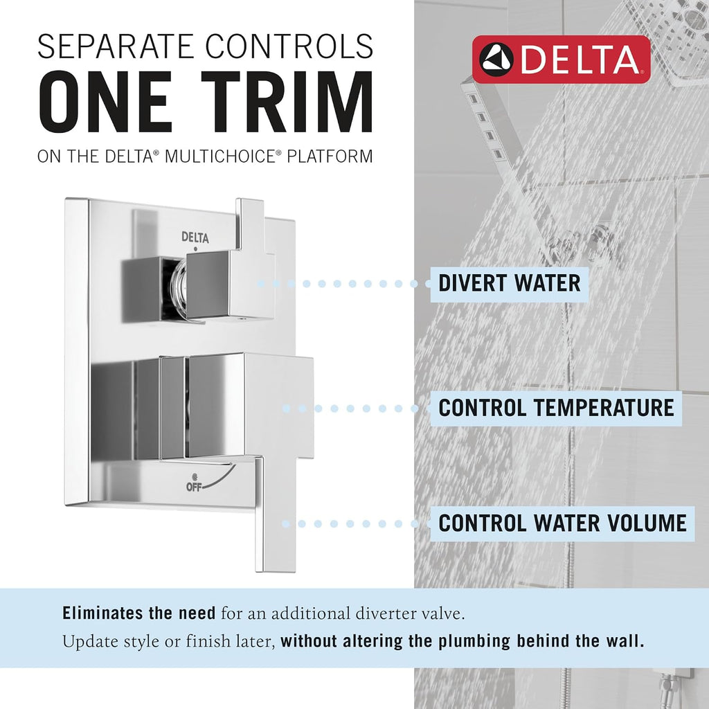 Delta Modern 14 Series Square Rain Shower System Faucet Set, Rainfall Chrome Shower Head and Handle Set, Valve Trim Kit, 10 Inch, Chrome T342701 (Valve Not Included)