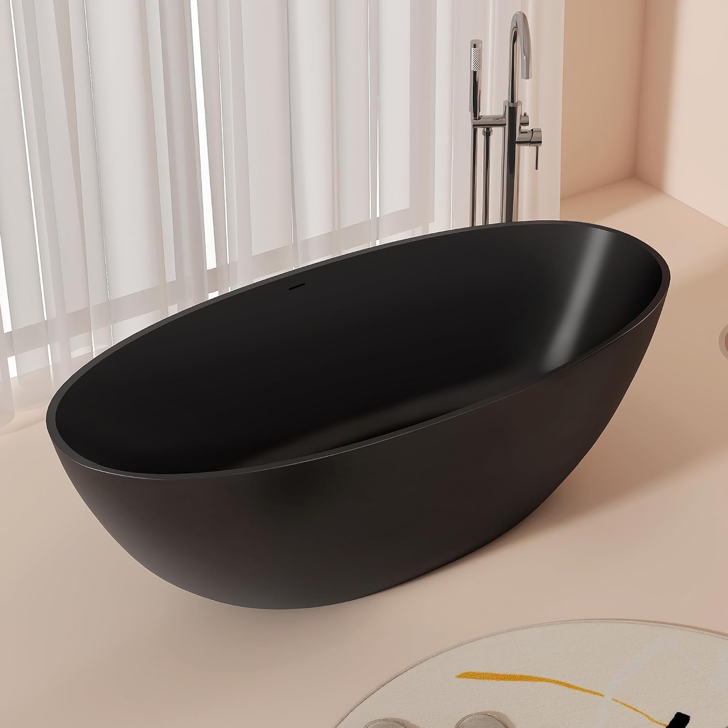 65' Stone Resin Freestanding Bathtub, Oval Solid Surface Bathroom Freestanding Tubs,Stand Alone Soaking Tub with Drain & Integrated Slotted Overflow Matte black