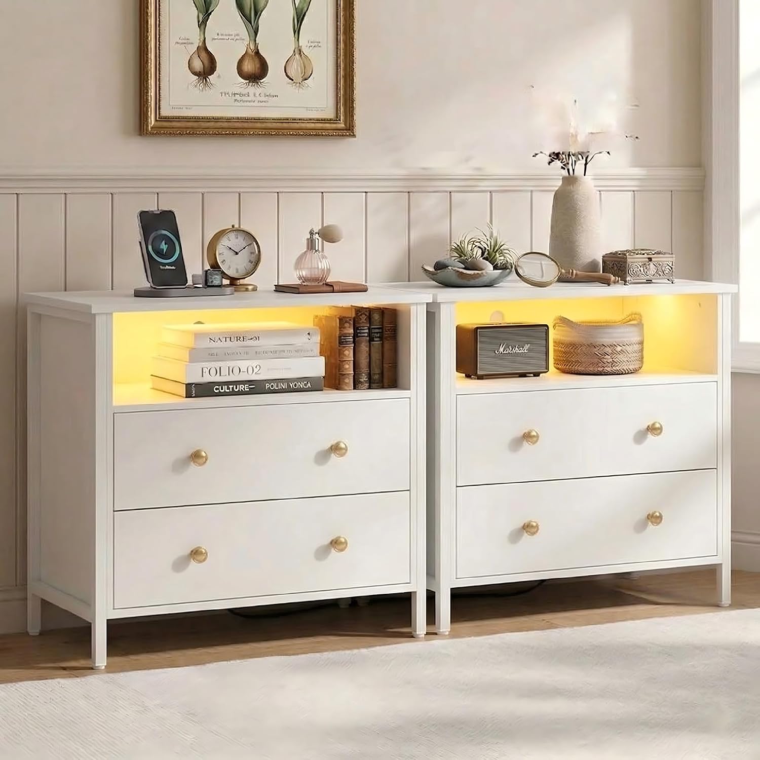 27 Inch Wide Night Stand, Large Wood Night Stand Set 2 with 2 Drawers, LED Nightstand with Charging Station and Adjustable Drawer, Bedside Table for Living Room/Bedroom/Study/Office, White.