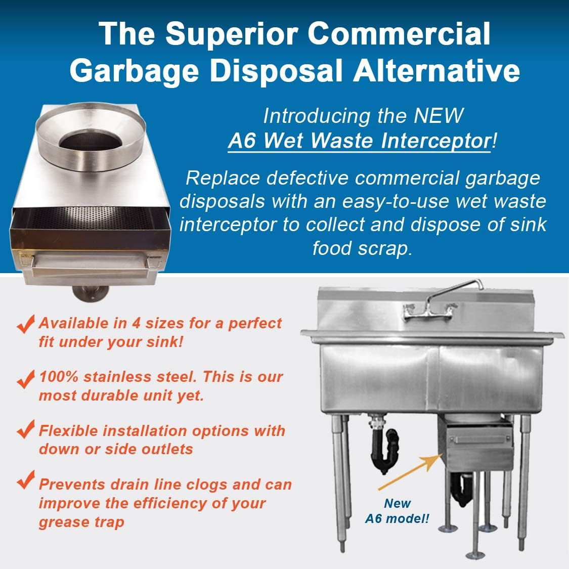 Restaurant Garbage Disposal Replacement Unit to collect food scrap from compartment sinks | down outlet | The Garbage Gobbler
