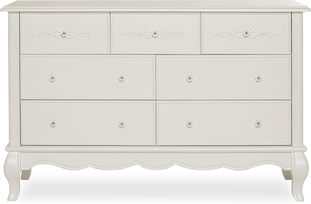 Evolur Aurora 7-Drawer Nursery Dresser – Ivory Lace | Assembled Double Dresser with Crystal Knobs, Queen Anne Legs, Large Storage for Baby Essentials