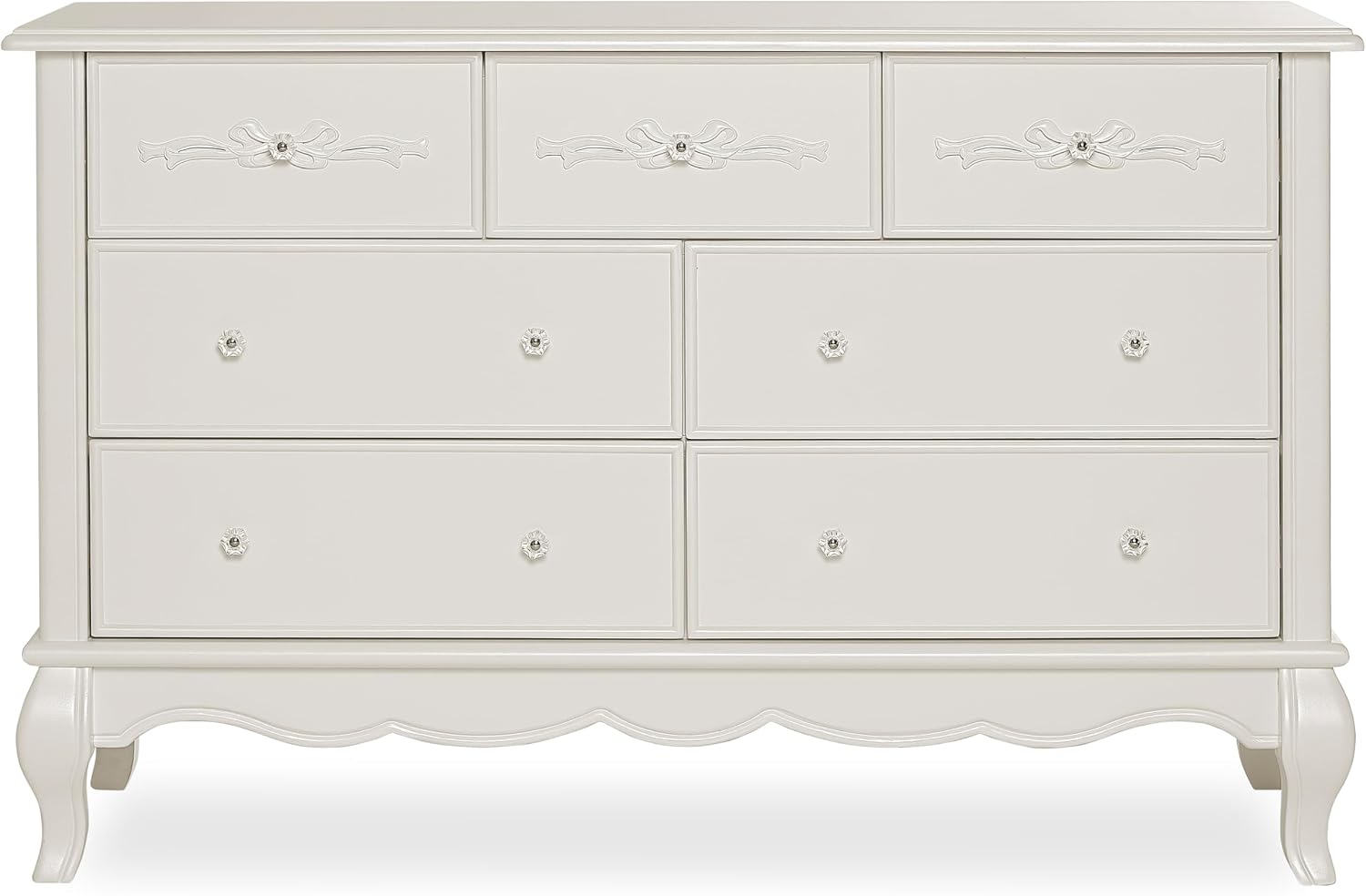 Evolur Aurora 7-Drawer Nursery Dresser – Ivory Lace | Assembled Double Dresser with Crystal Knobs, Queen Anne Legs, Large Storage for Baby Essentials