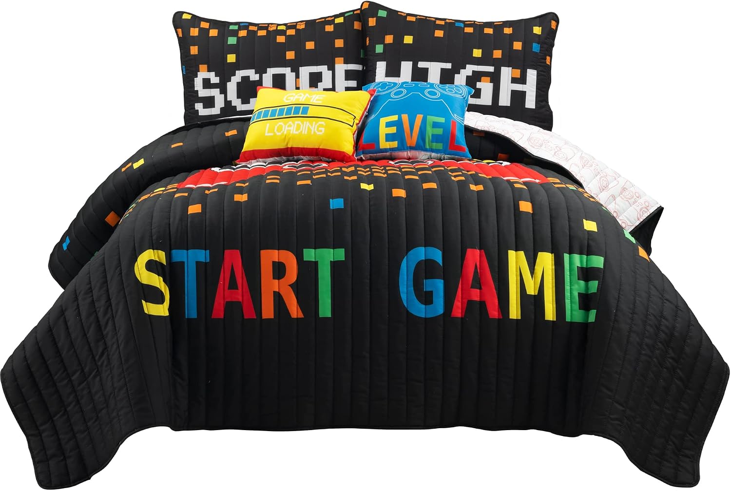 Lush Decor Video Games Reversible Quilt Queen Size 4 Piece Set Full/Queen Black & Red - Kids Bedding Set Queen Quilt - Kids Bedroom Decor