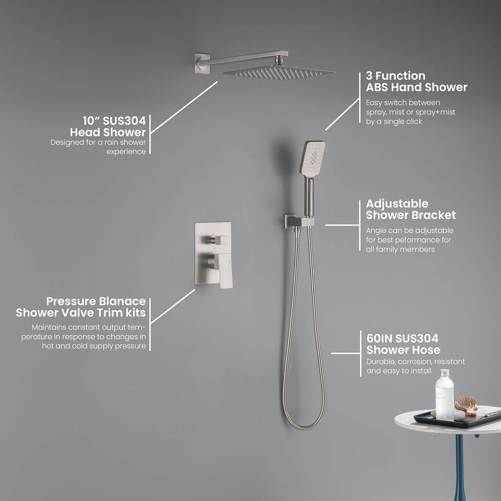 KIBI Cube Bathroom Shower System | 2-Function Wall Mounted Shower Faucet Set with Solid Brass Pressure Balanced Valve | Three Hand Shower Modes | 15-inch Long Shower Arm | Brushed Nickel (KSF405)