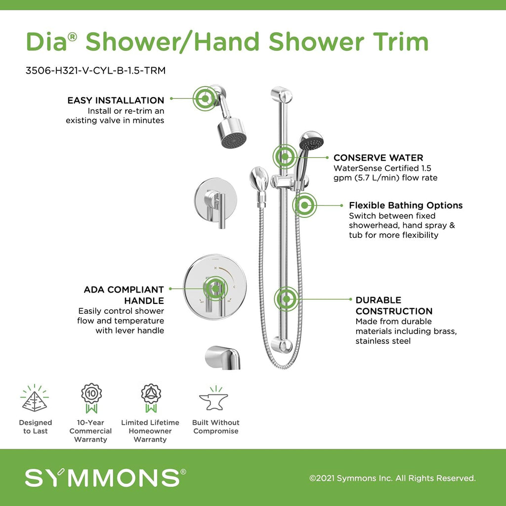 Symmons 3506-H321-V-CYL-B-1.5-TRM Dia 2-Handle Tub and 1-Spray Shower Trim with 1-Spray Hand Shower in Polished Chrome (Valves Not Included)