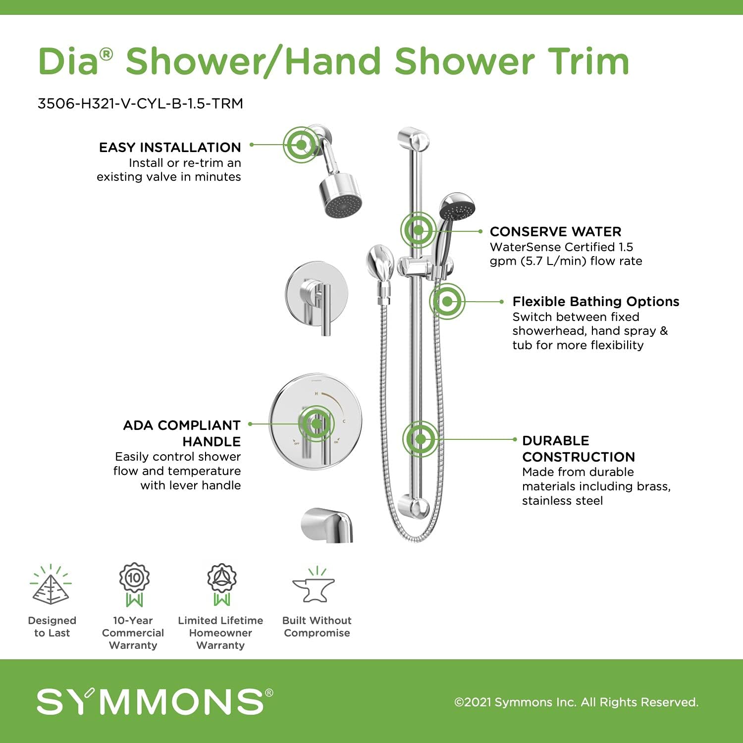 Symmons 3506-H321-V-CYL-B-1.5-TRM Dia 2-Handle Tub and 1-Spray Shower Trim with 1-Spray Hand Shower in Polished Chrome (Valves Not Included)
