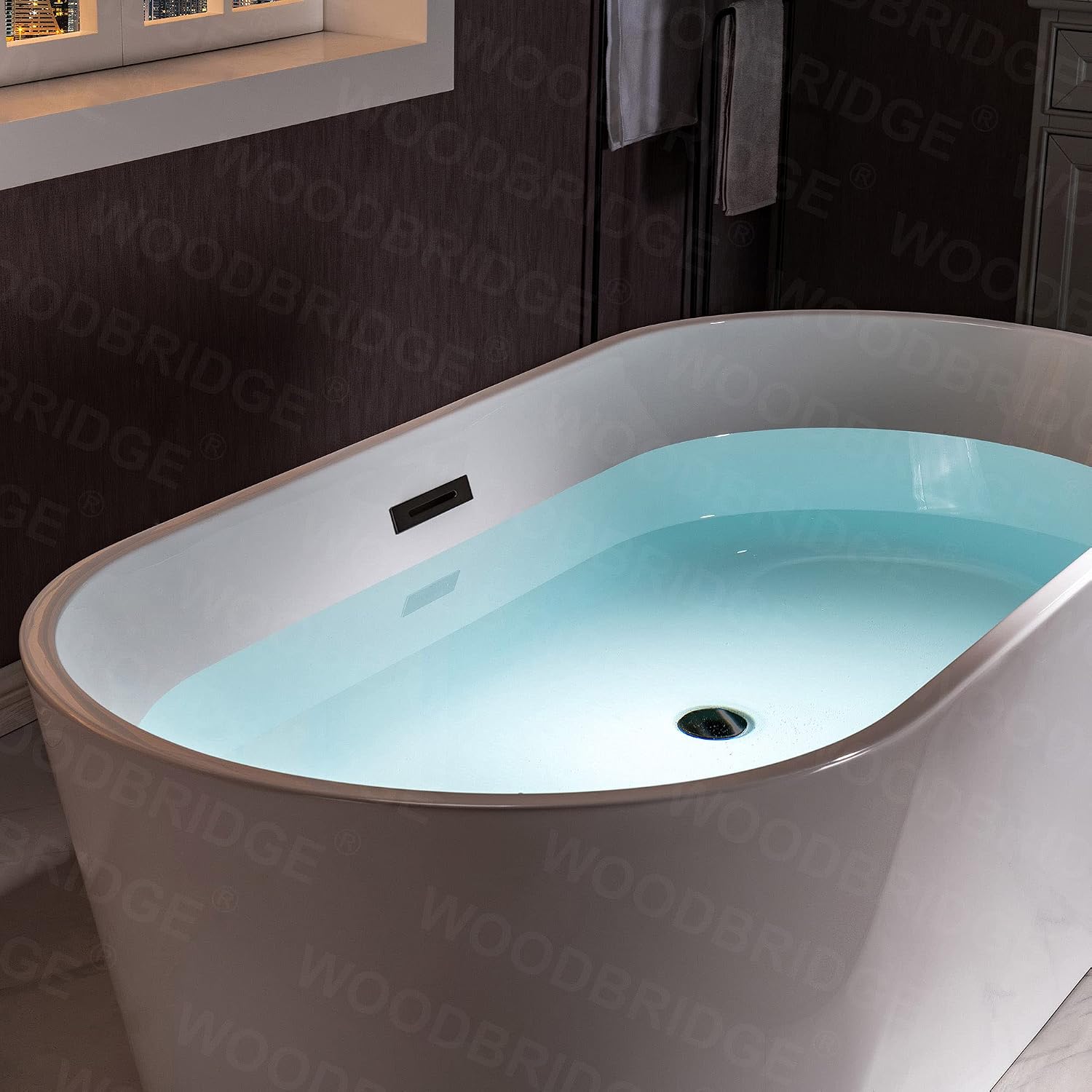 WOODBRIDGE 54'Freestanding White Acylic Soaking Bathtub with Matte Black Drain and Overflow,BTA1702-MB