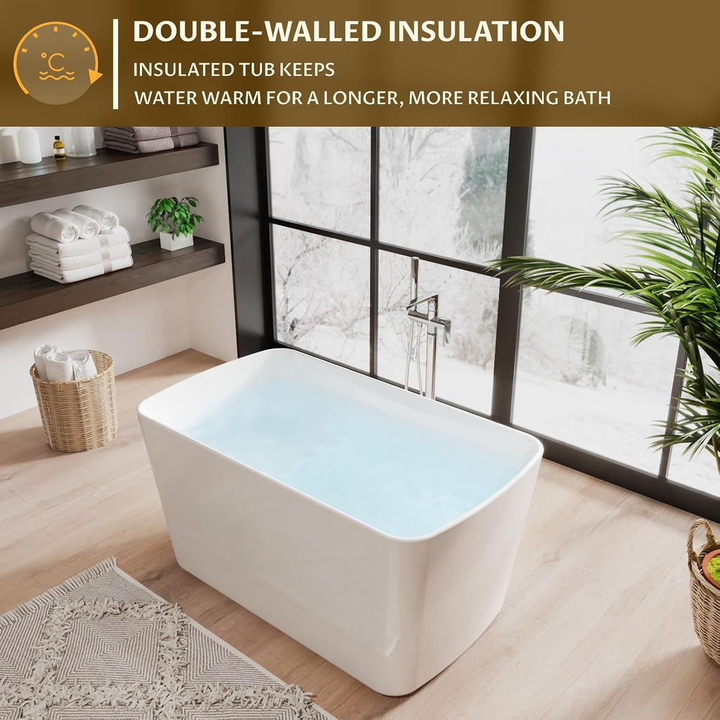 49 Inch Freestanding Bathtub Acrylic Compact Soaking Tub with Chrome Drain & Overflow, Space-Saving Sit-In Design for Small Bathrooms, Modern Glossy White