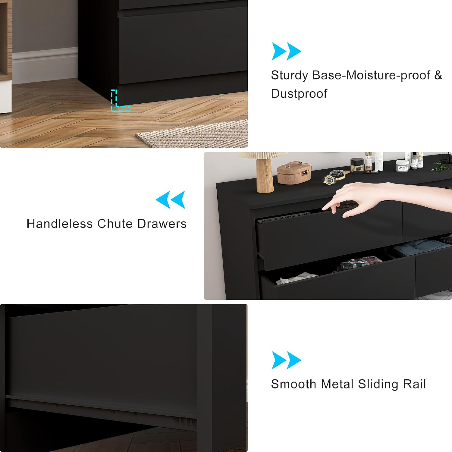 Vibe & Dine 6 Drawer Double Dresser, Modern Chest of Drawers with Wide Storage for Closet, Bedroom, Living Room, Black