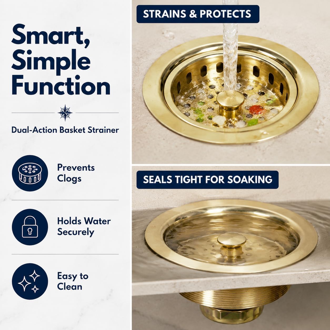Nantucket Sinks Kitchen Sink Drain Kit – 3-1/2 Brass Sink Drain Assembly, Gold Color, Unlacquered for Patina, Solid, with Basket Strainer