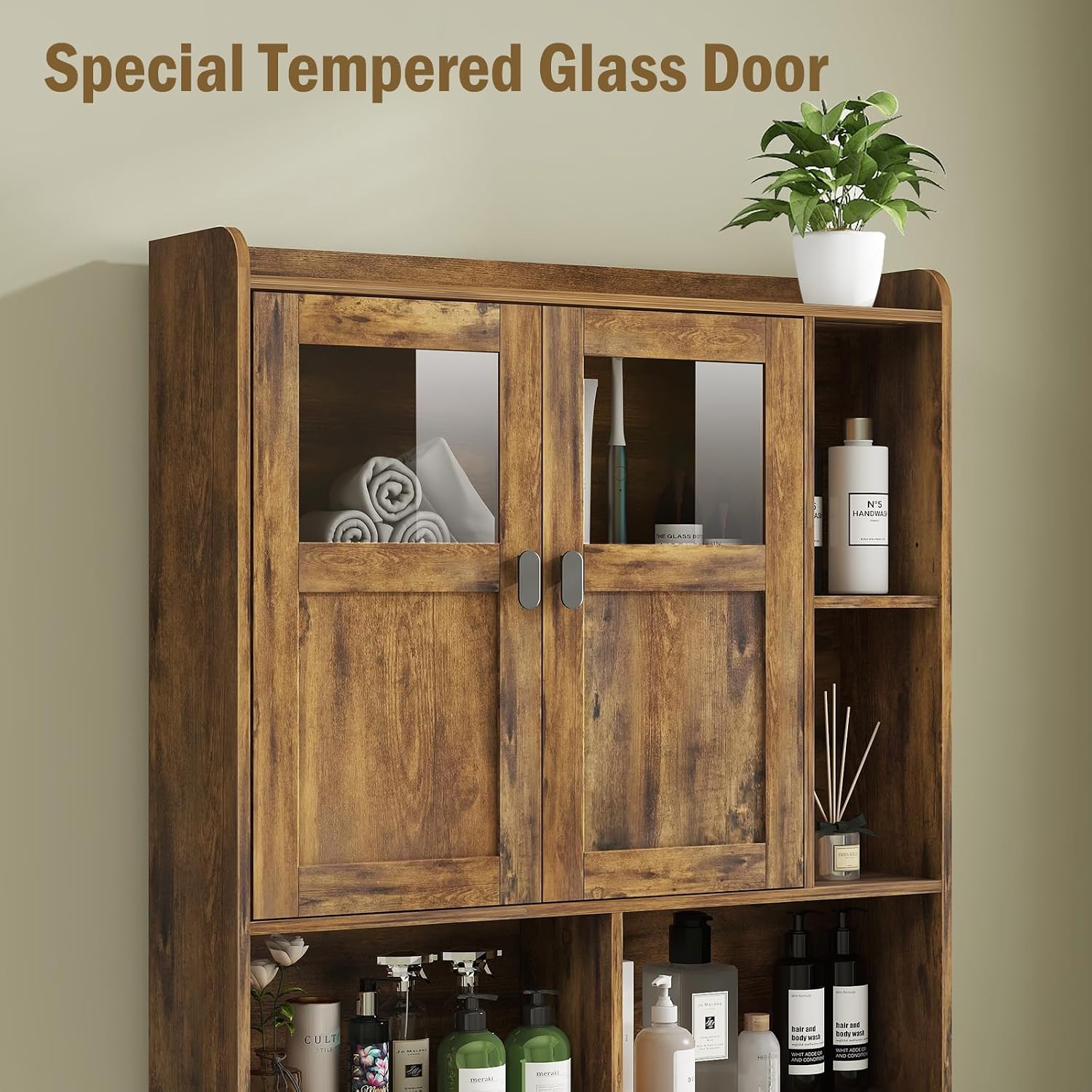 Vabches Over The Toilet Storage Cabinet, Bathroom Shelf Over Toilet with Glass Doors and Adjustable Shelves, Brown Freestanding Home Space Save Toilet Rack, for Restroom, Bathroom, Laundry