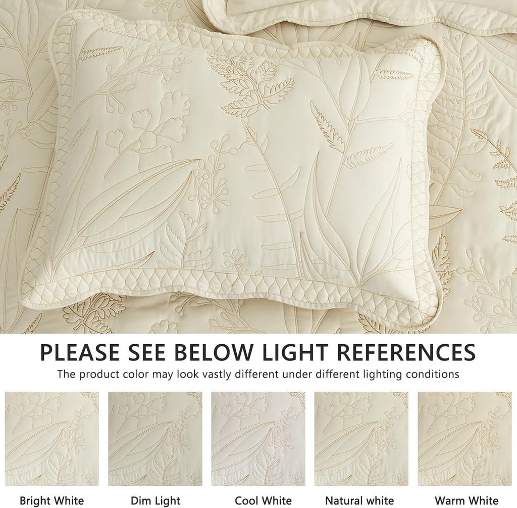 DaisyHuang Botanical Oversized Bedspread Queen Size - Leaves Pattern Stitching Quilt Set - Elegant & Fresh Style Bedding Coverlets, Reversible, Lightweight, 5 Piece, Ivory