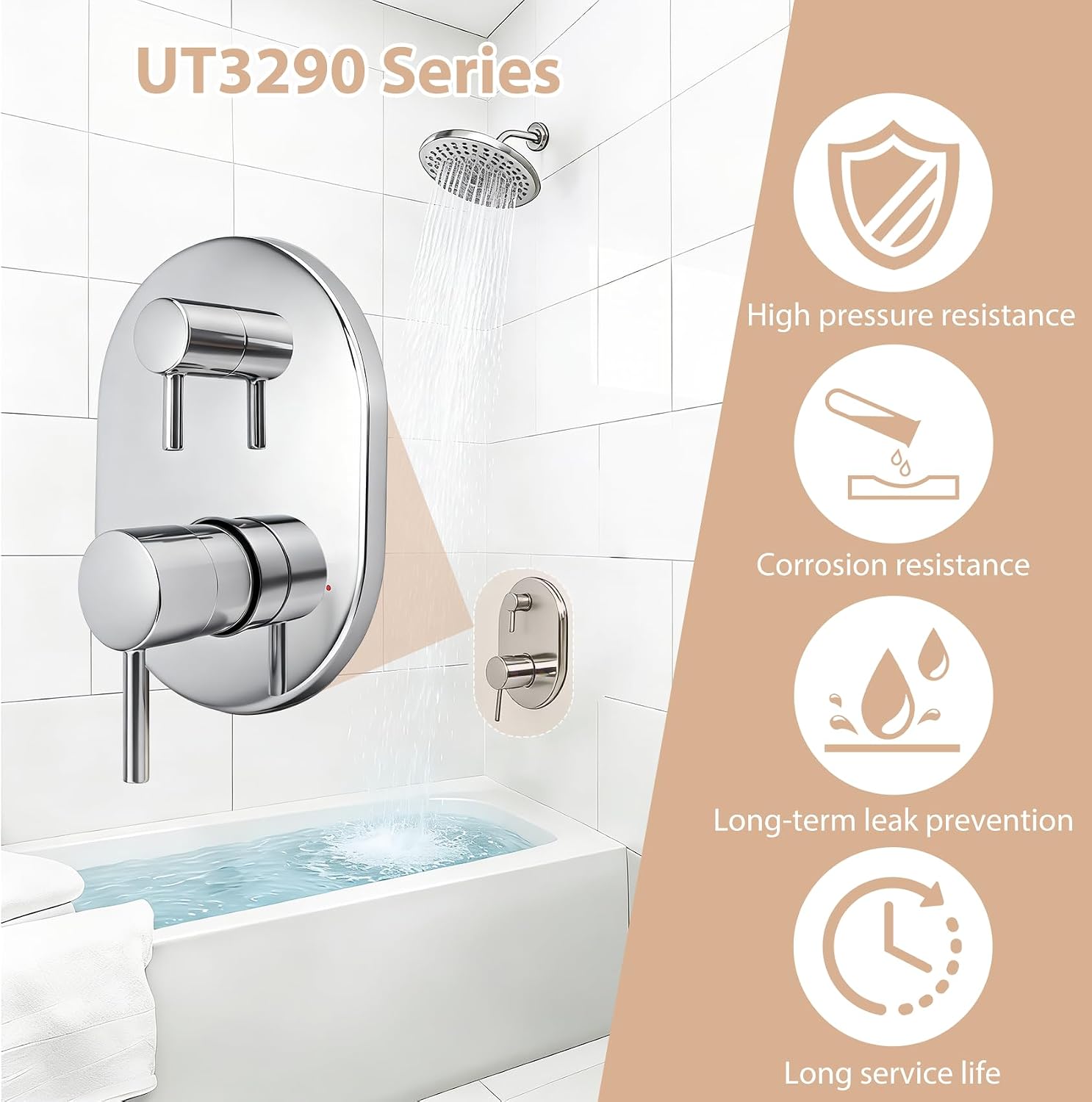UT3290 Shower Valve Trim Kit for Moen Align Chrome M-CORE 3-Series 2-Handle Shower Faucet Trim, for Shower Handle UT3290BL UT3290BN UT3290BG, Include 1213 Cartridge, U232 U362 Valve Required. -2 Year
