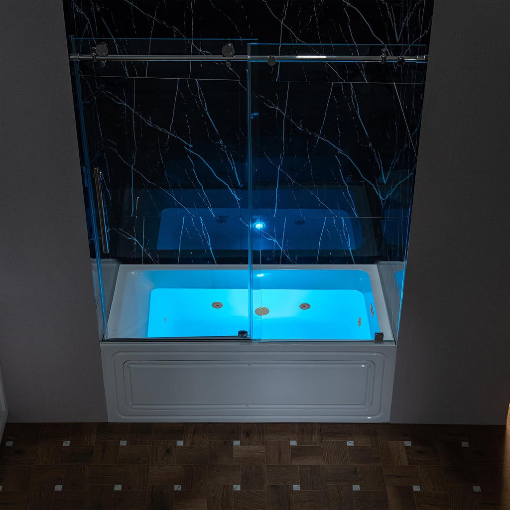 WOODBRIDGE 60' x 30' Alcove Acrylic Rectangular Whirlpool Heated Jetted Tub in White with right Drain, Brushed Gold Finish Trim and Drain Kit Included, BS666-R-BG03