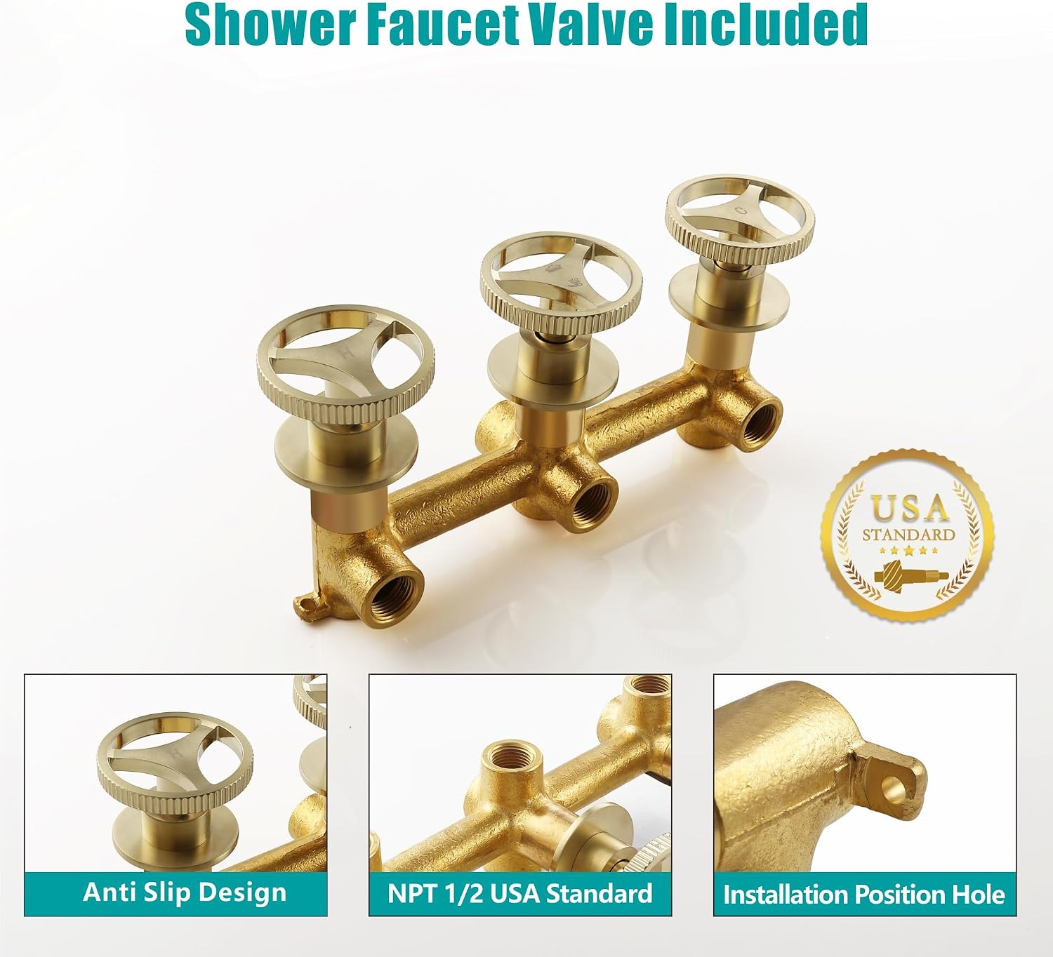 SKOWLL Rainfall Shower Faucet Set 3 Handle Shower Fixtures System Wall Mount 10 Inch Bathroom Shower Head Kit with 2 Function Shower Valve, Brushed Gold