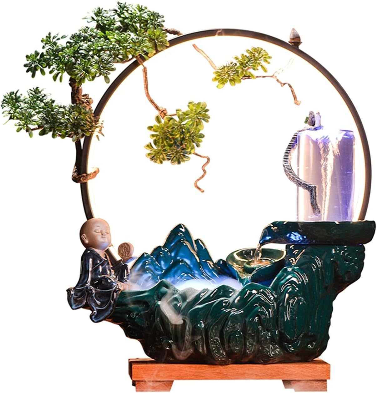 OMIDM Desktop Fountain Desktop Water Fountain - Tabletop Fountain with LED Lights and Backflow Incense Creative Vortex Circulating Water Desktop Decoration Desktop Fountain Waterfall