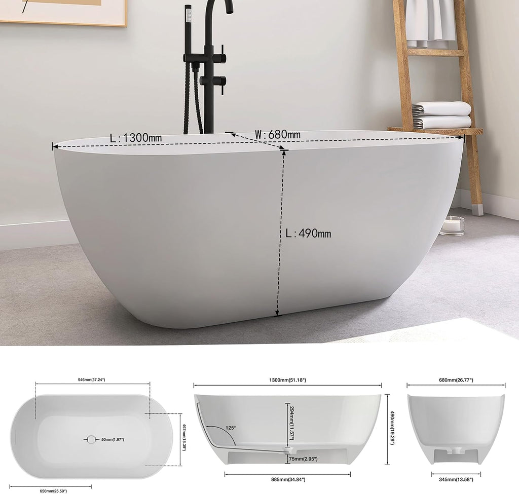 SJ STAR&JANE 51' Solid Surface Freestanding Bathtub, Matte White Oval Soaking Stone Resin Tub with Overflow and Pop-up Drain for Modern Bathrooms