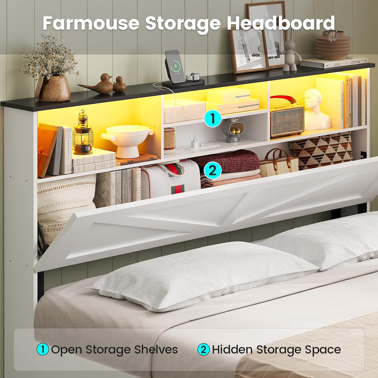 AOGLLATI Farmhouse Queen Bed Frame with 4 Storage Drawers and Led Lights, Wooden Bed Frame Queen Size with Hidden Space Bookcase Headboard and Led Lights & Metal Slats, White