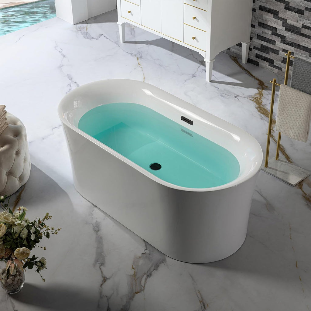 WOODBRIDGE 59' Acrylic Freestanding Bathtub Contemporary Soaking Tub with Matte Black Overflow and Drain,White Tub,B0058-MB