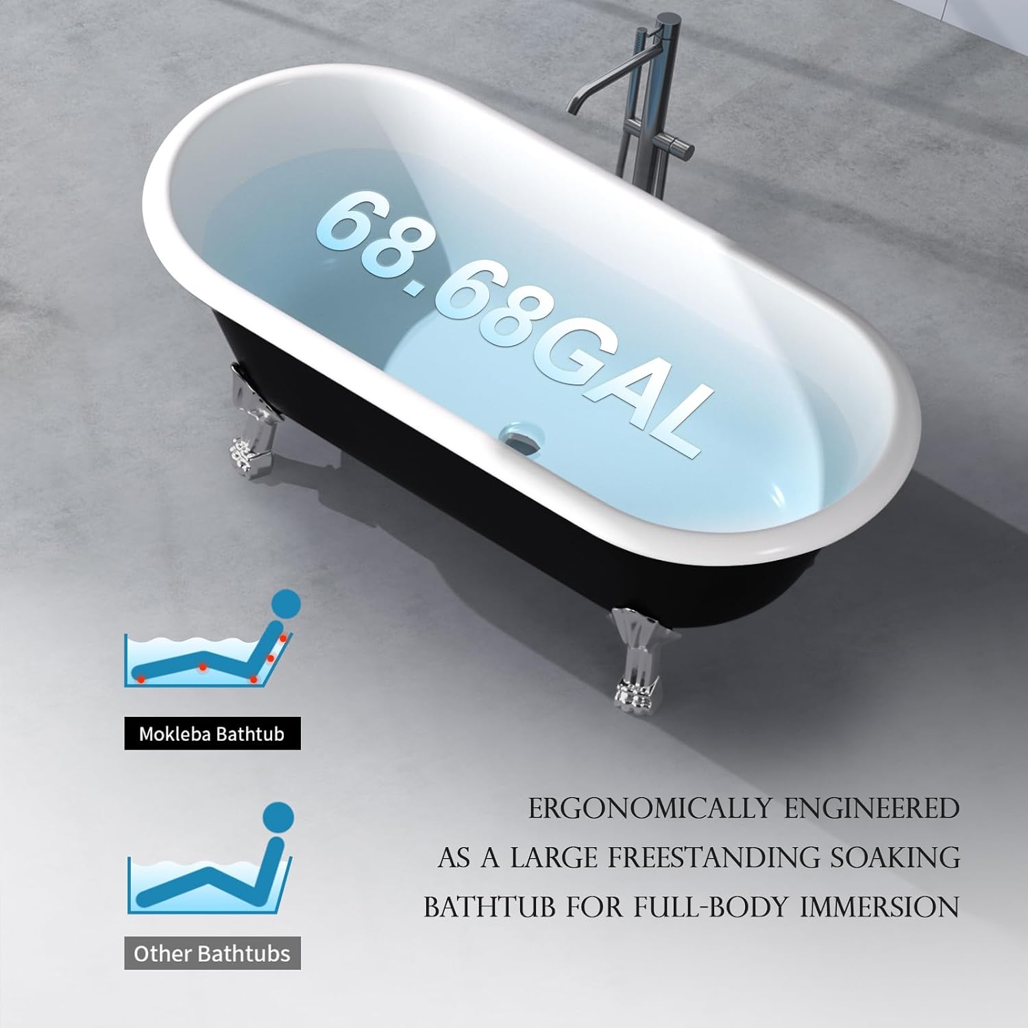 67' Acrylic Freestanding Bathtub, Free Standing Clawfoot Tub, Soaking Tub with Integrated Slotted Overflow, Toe-Tap Chrome Drain, cUPC Certified, Matte Black