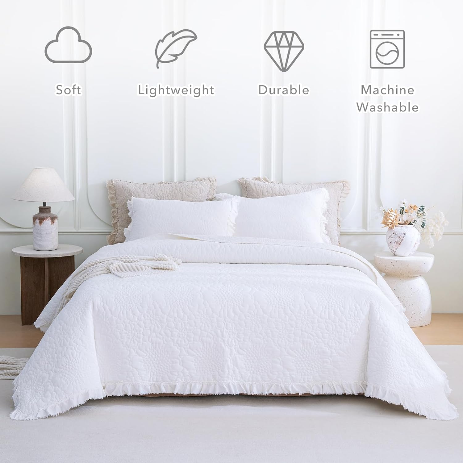 QSH Bright White Stonewashed Cotton Oversized King Quilt Bedspread Set(120'x120'),3PCs Shabby Ruffled Quilt California King,Ultra Soft Lightweight Crinkled Farmhouse Chic Bedspread Coverlet Bed Set