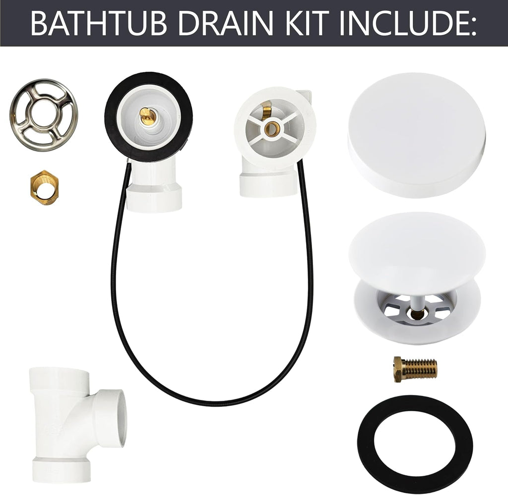 Westbrass D50P35SRE-50 35' Cable Drive Bathtub Drain Trim with Rotary Overflow Cover Knob, Pop-Up Stopper Sch. 40 PVC Fittings, Powder Coat White