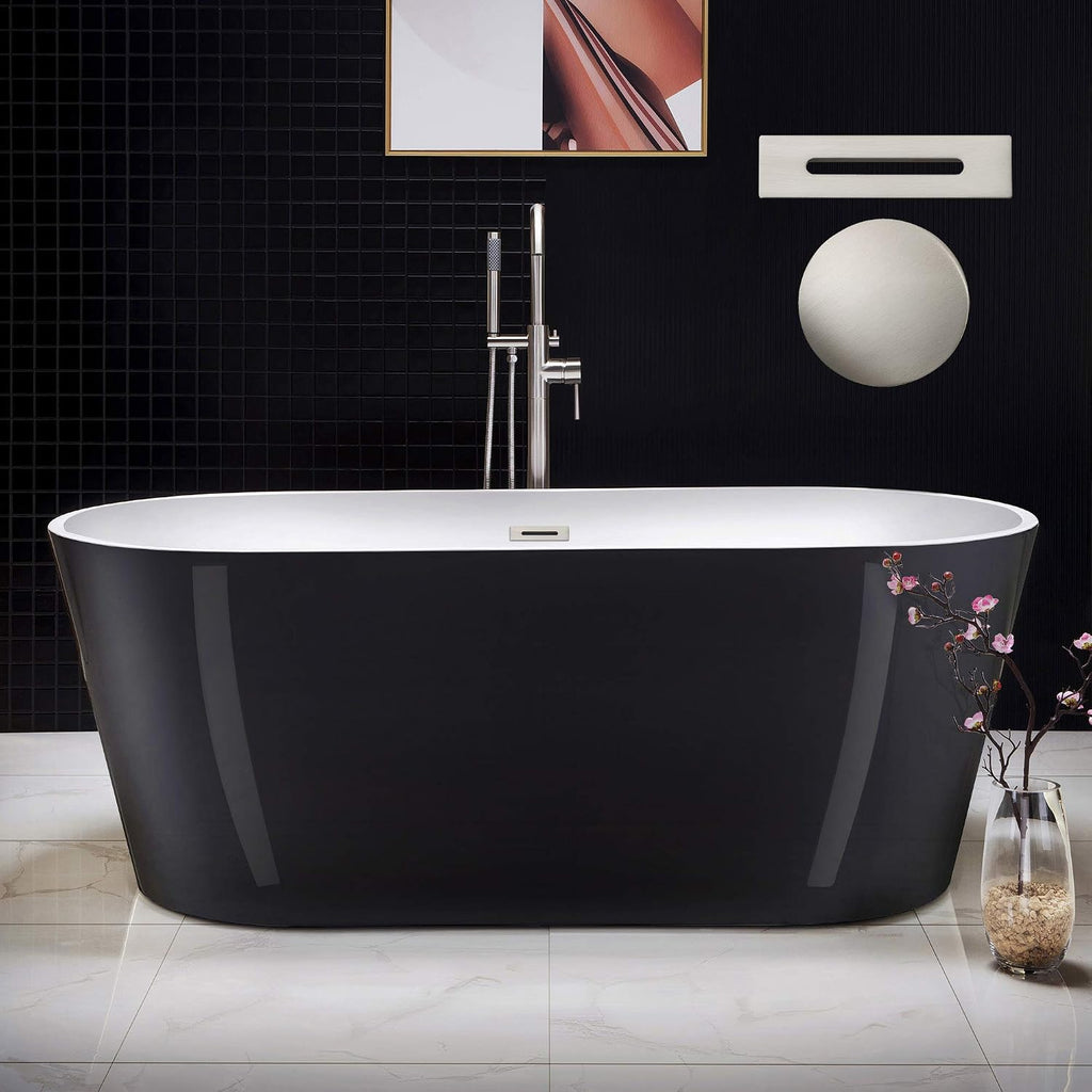 WOODBRIDGE 67' Acrylic Freestanding Bathtub Contemporary Soaking Tub, Black Acrylic (Brushed Nickel Drain/Overflow),B1813 Black -B/N-Drain &O