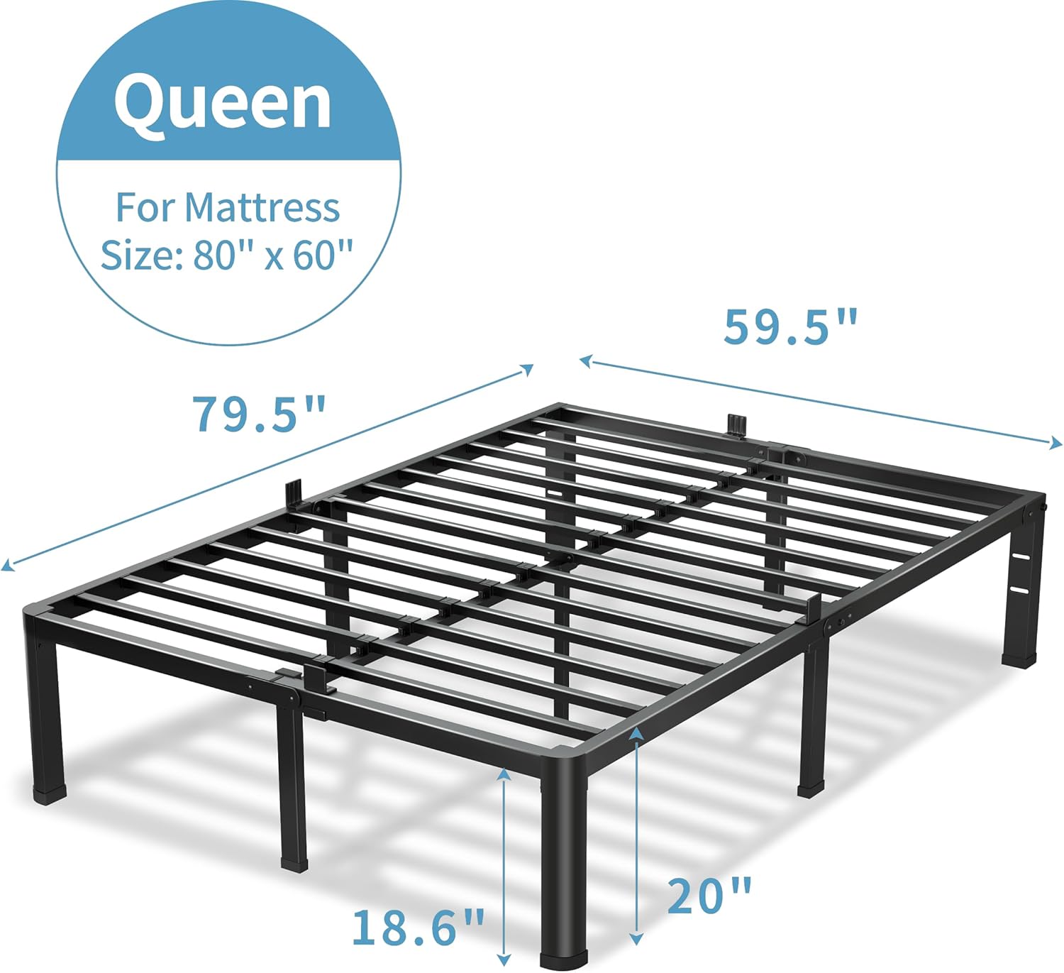 VIPSHOW 20 Inch Queen Bed Frame, 3500Lbs Heavy Duty Metal Platform with Round Corner Legs Mattress Slide Stopper, Steel Slat Support No Box Spring Needed, Noise Free, Non-Slip, Easy Assembly