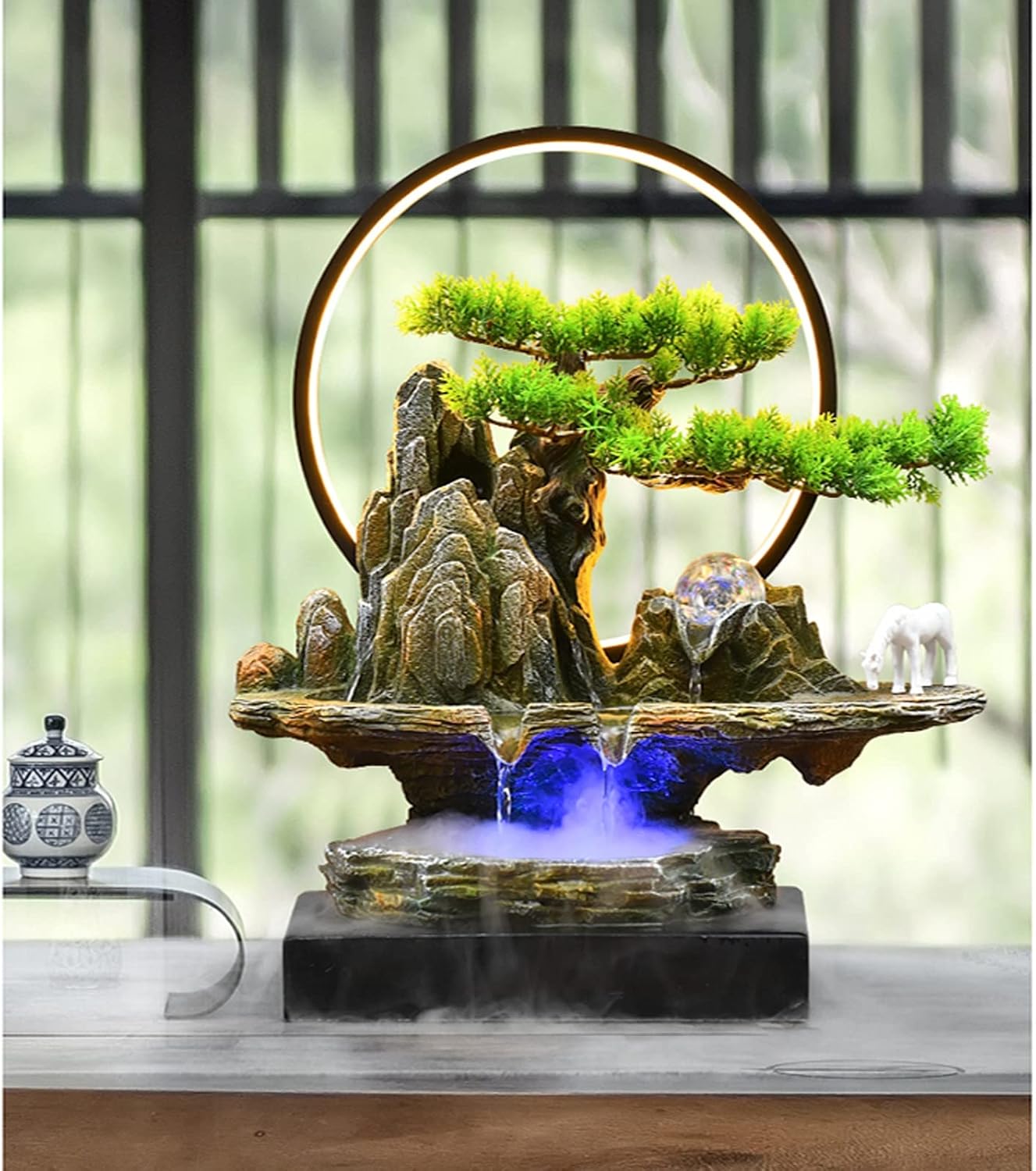 HIHELO Desktop Fountain Tabletop Fountain Rock Waterfall Fountain Indoor Waterfall Fountain Artificial Bonsai Interior Decoration with LED Lights Water Fountain Outdoor (Size : Large)