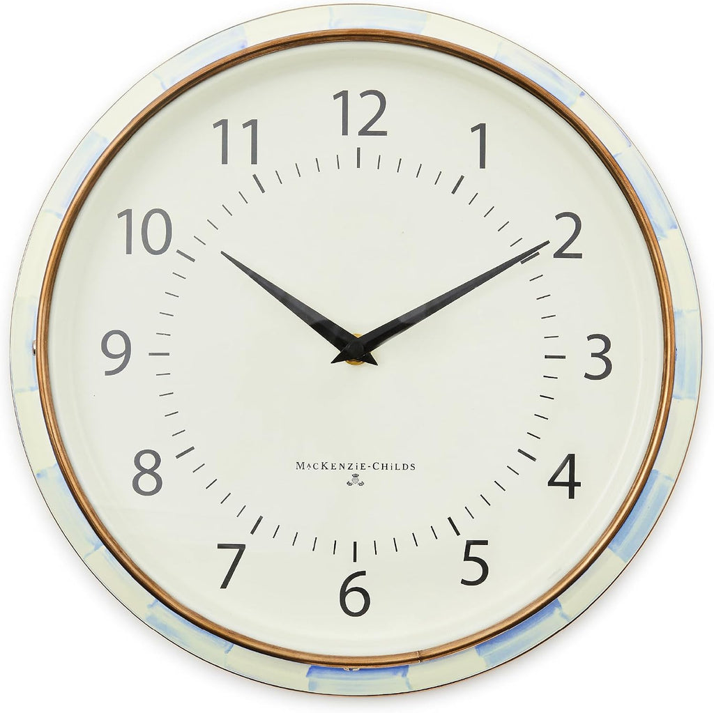 MACKENZIE-CHILDS School Wall Clock, Decorative Enamel Clock for Kitchen and Living Room, Light-Blue-and-White Sky Check