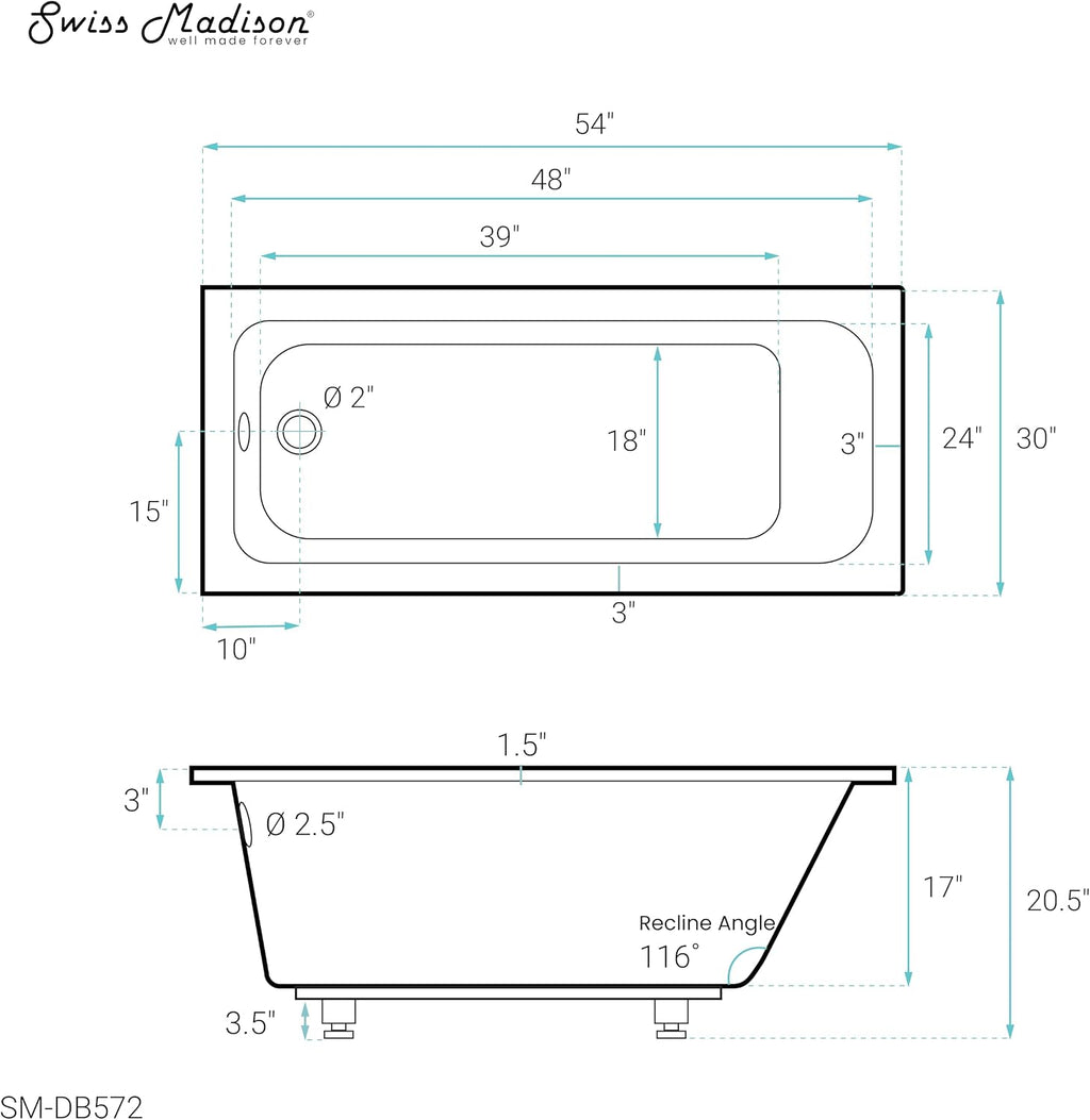 Swiss Madison Voltaire 54' x 30' Reversible Drain Drop-In Bathtub
