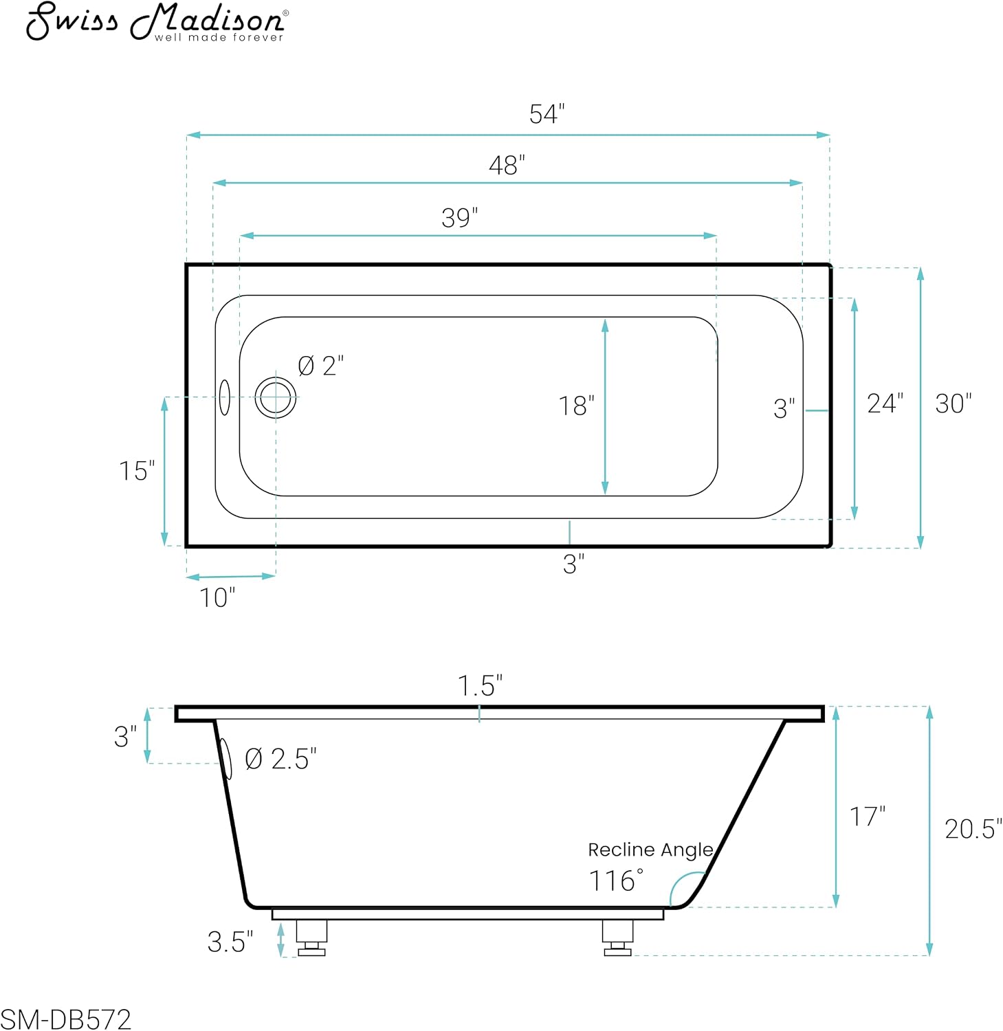 Swiss Madison Voltaire 54' x 30' Reversible Drain Drop-In Bathtub