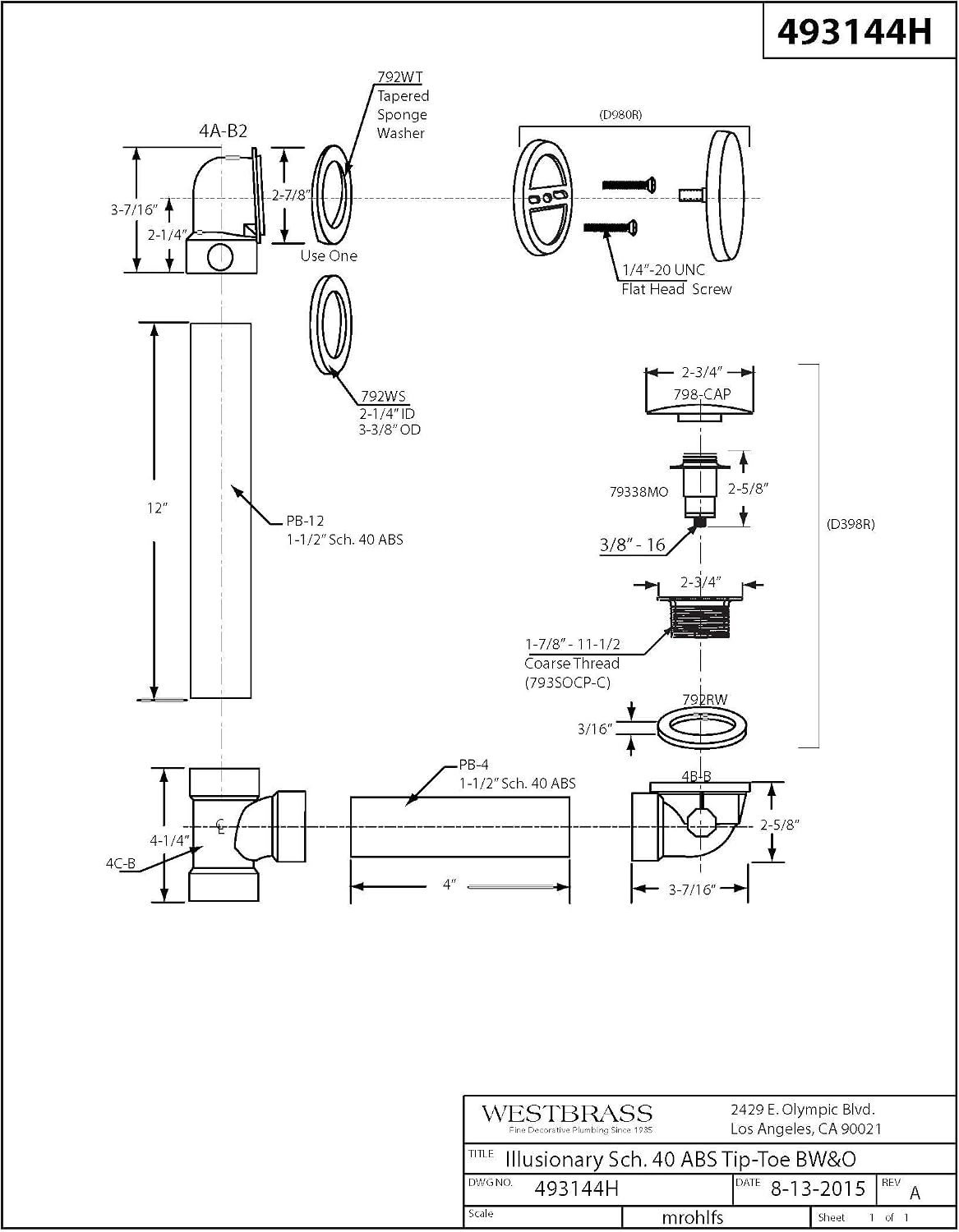 Westbrass A493144H-12A 14' Sch. 40 ABS Bath Waste & Overflow Assembly with Tip-Toe Drain Plug and Illusionary Faceplate, Antique Bronze