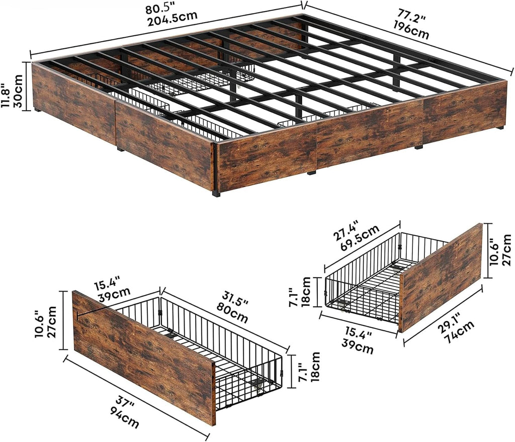 LIKIMIO King Bed Frame with Storage, 4 Drawers and Heavy Strong Metal Support Frames, Solid Stable, No Box Spring Needed, Noise-Free, Easy Assembly, Industrial Brown