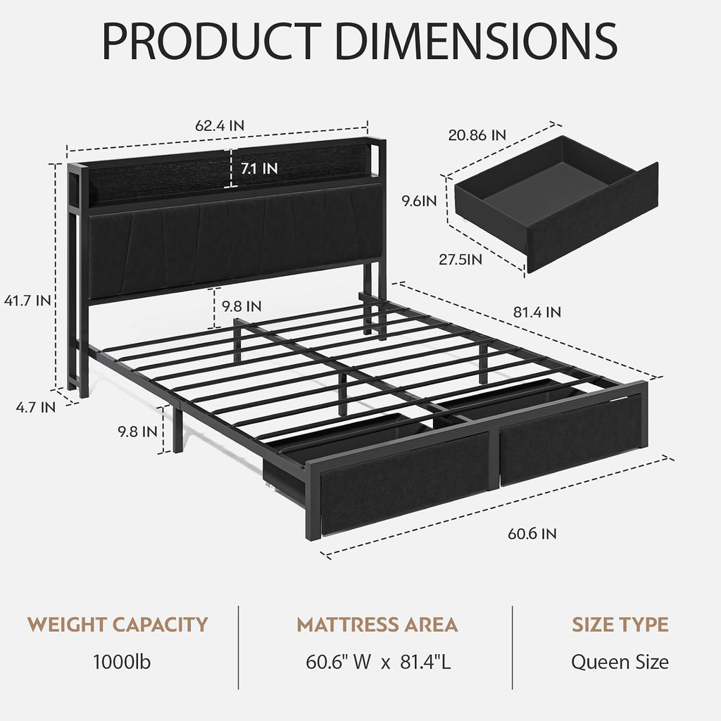 CIKUNASI Queen Size Bed Frame with Headboard and Storage Drawers Platform Bed Frame with Storage Chargin Station LED Light Bedframe Heavy Duty No Box Spring Needed