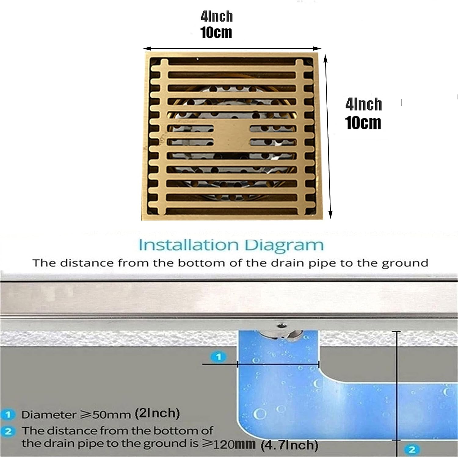 Square Shower Drain with Hair Strainer Brass Floor Drain for Kitchen Washroom Garage Basement Gold Finish 4 Inch