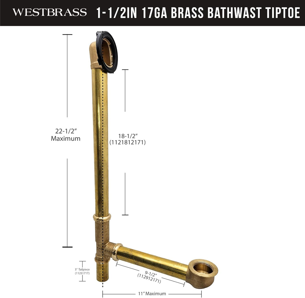 Westbrass D326-50 22-1/2' 17 Gauge Brass Bath Waste & Overflow Assembly with Tip-Toe Drain Plug and 2-Hole Faceplate, Powder Coat White