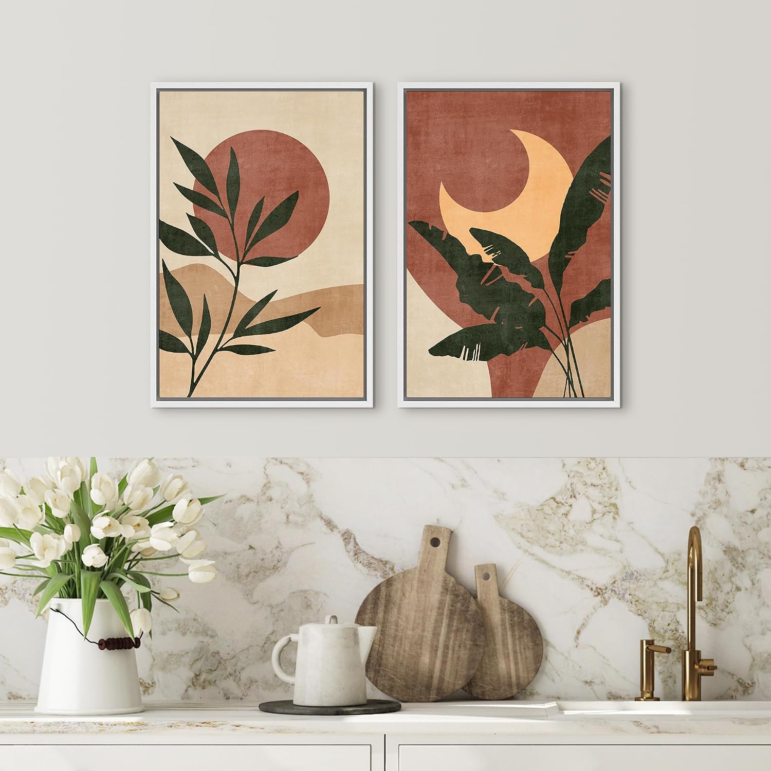 SIGNFORD Framed Canvas Print Wall Art Set Sun & Moon Mid-Century Desert Plants Abstract Shapes Illustration Modern Art Decorative Nordic Nature for Living Room, Bedroom, Office - 24'x36'x2 White