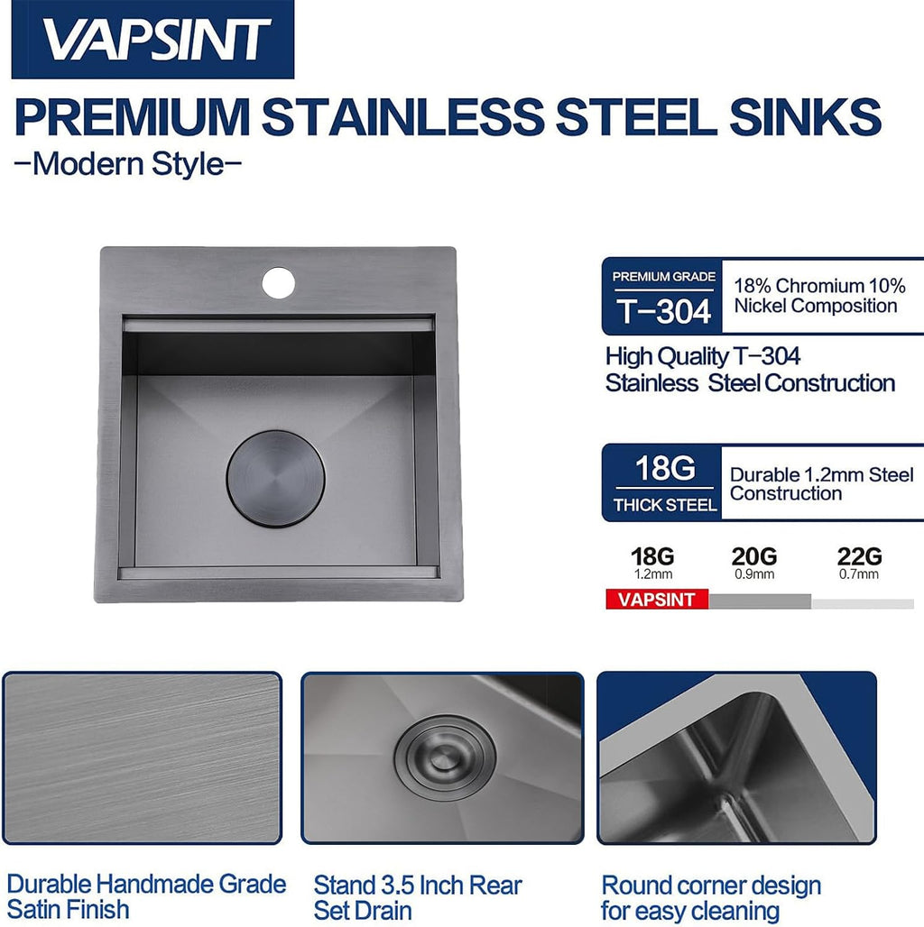 VAPSINT 15x15 Inch Black Bar Sink, Drop In Bar Sink Workstation Top Mount Single Bowl Small Bar Sink, Stainless Steel Handmade Gunmetal Black Small Kitchen sink with Grid & Cutting Board