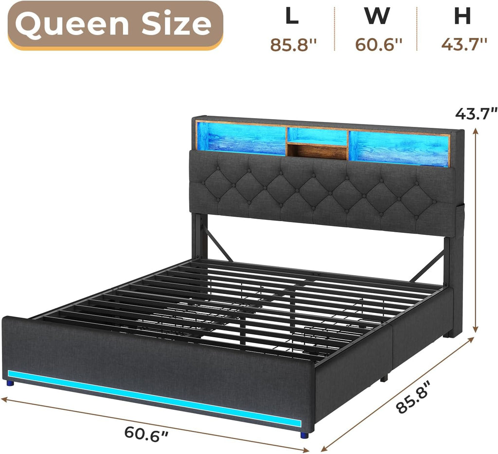 HAUOMS Queen Bed Frame with Hidden Storage Headboard and 4 Drawers, Upholstered Platform Bed Frme Queen Size with LED Lights & Charging Station, No Box Spring Needed, Noise-Free, Dark Grey
