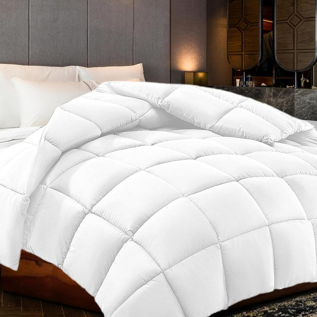 Luxury All-Season Queen Size 1-Piece Comforter - White Solid Pima Cotton Quilted Duvet Insert, 500 GSM, 800 TC, Ultra Fluffy with Corner Tabs