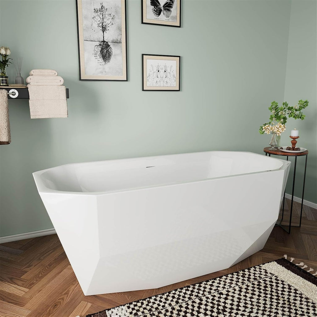 67' Acrylic Freestanding Bathtub, Irregular Diamond Shape Free Standing Tub, Soaking Tub with Integrated Slotted Overflow, Toe-Tap Chrome Drain, cUPC Certified, Glossy White