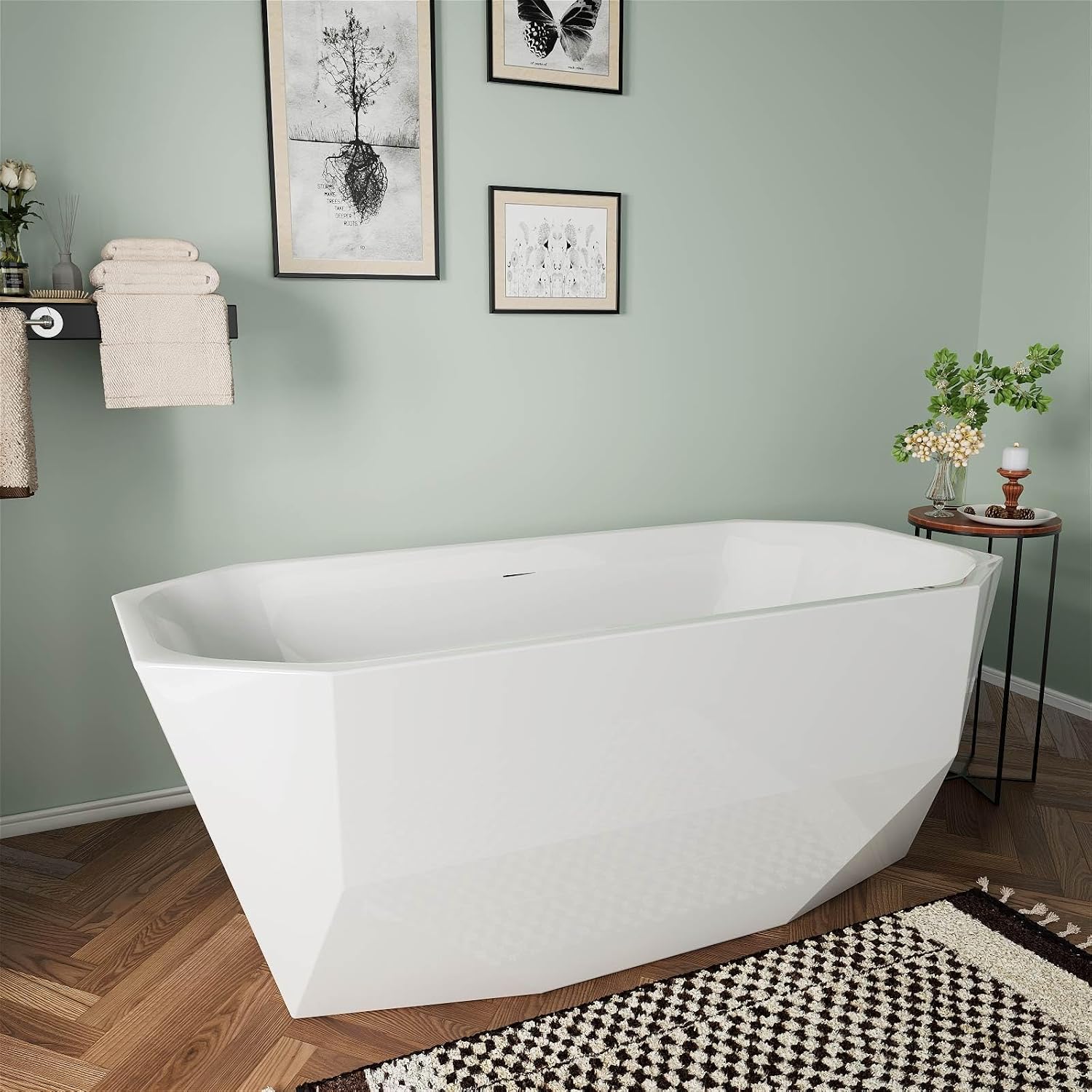 67' Acrylic Freestanding Bathtub, Irregular Diamond Shape Free Standing Tub, Soaking Tub with Integrated Slotted Overflow, Toe-Tap Chrome Drain, cUPC Certified, Glossy White