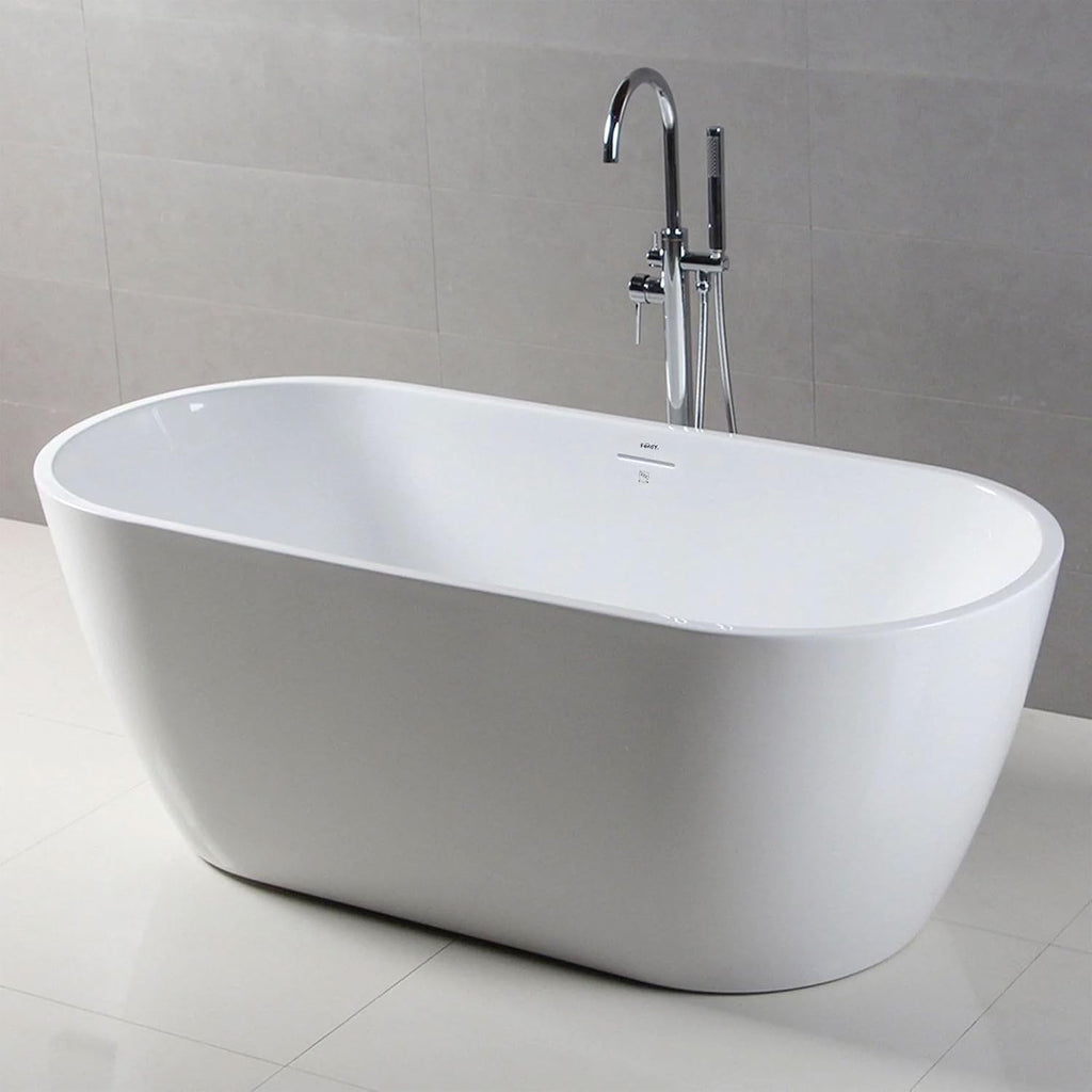 FerdY Bali 59' Acrylic Freestanding Bathtub, Gracefully Shaped Freestanding Soaking Bathtub with Brushed Nickel Drain & Minimalist Linear Design Overflow, Glossy White, cUPC Certified