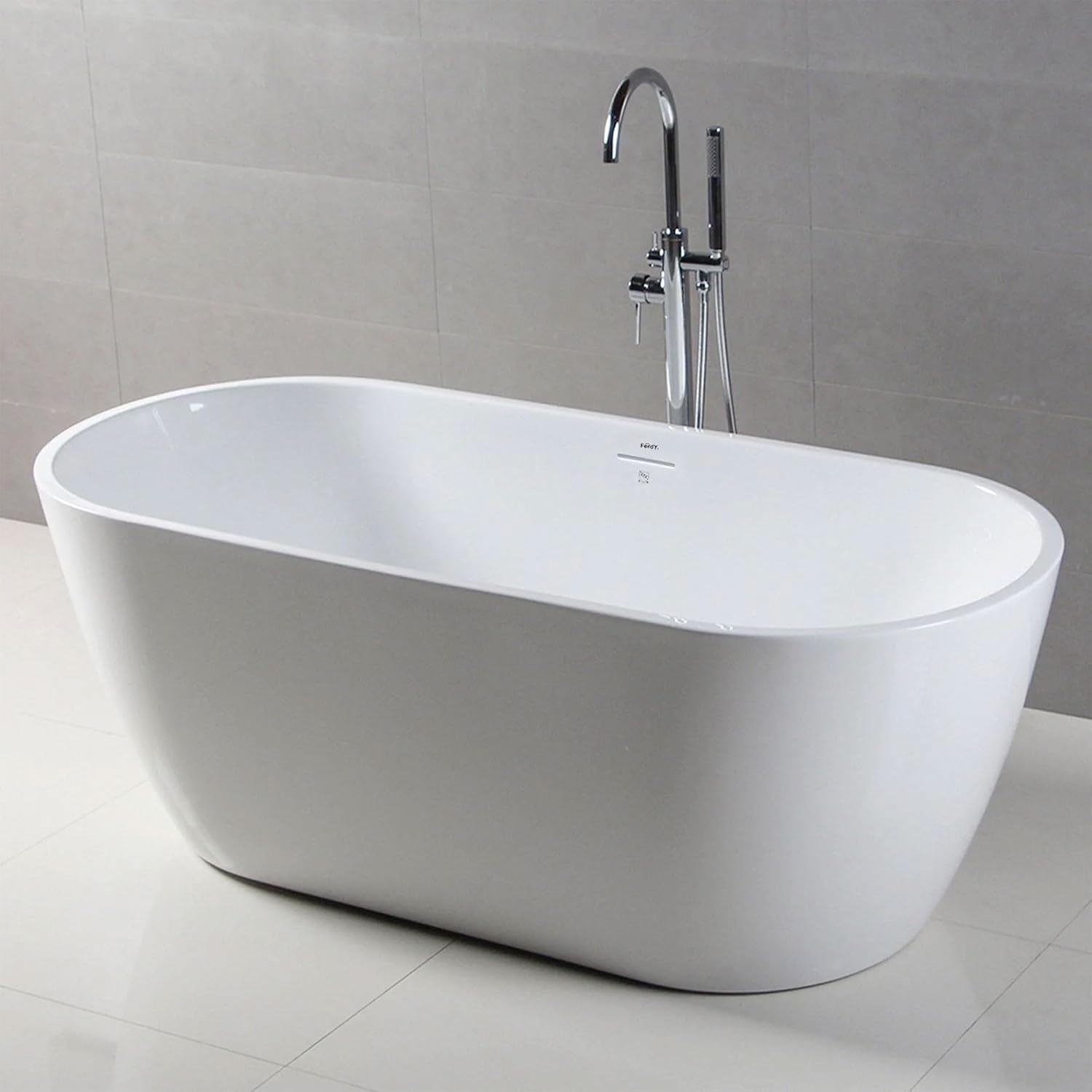 FerdY Bali 59' Acrylic Freestanding Bathtub, Gracefully Shaped Freestanding Soaking Bathtub with Brushed Nickel Drain & Minimalist Linear Design Overflow, Glossy White, cUPC Certified