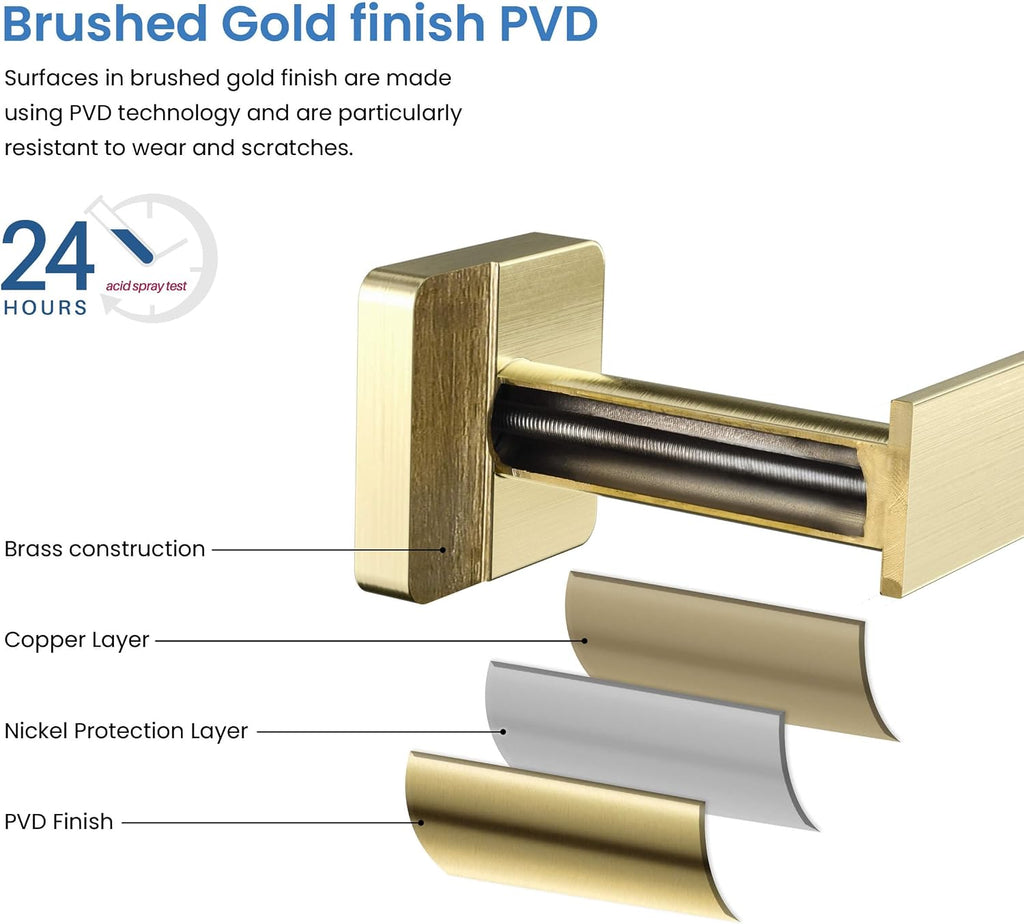 Kibi Blaze 5-Piece Bathroom Hardware Set – Includes 19 -Inch Hand Towel Bar and Holder, Toilet Paper Holder, Robe Hook – Wall Mounted, Solid Brass, Modern Bath Accessories (Brushed Gold, KBA16-5-1)